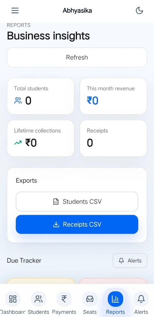 Abhyasika reports and business insights screen