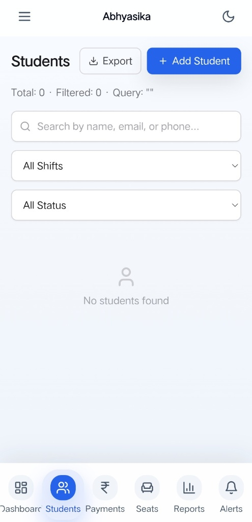 Abhyasika student management screen with search and filters